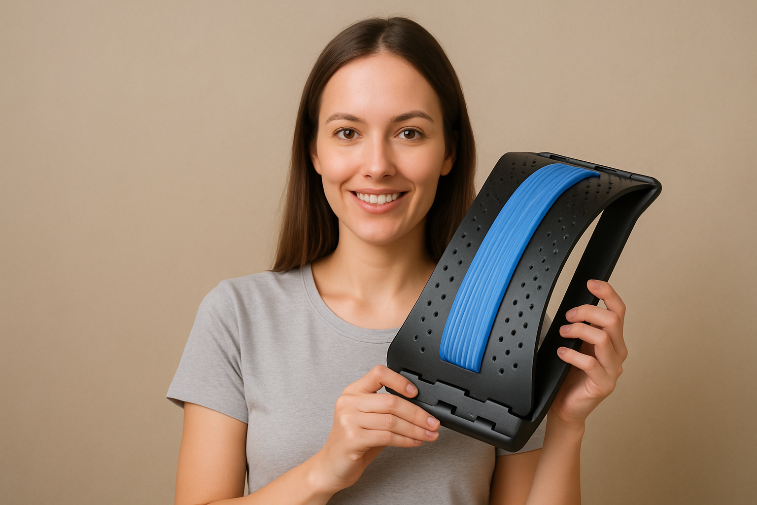 Back Stretcher product on wood table, black with blue accent, proof of concept AI generated image
